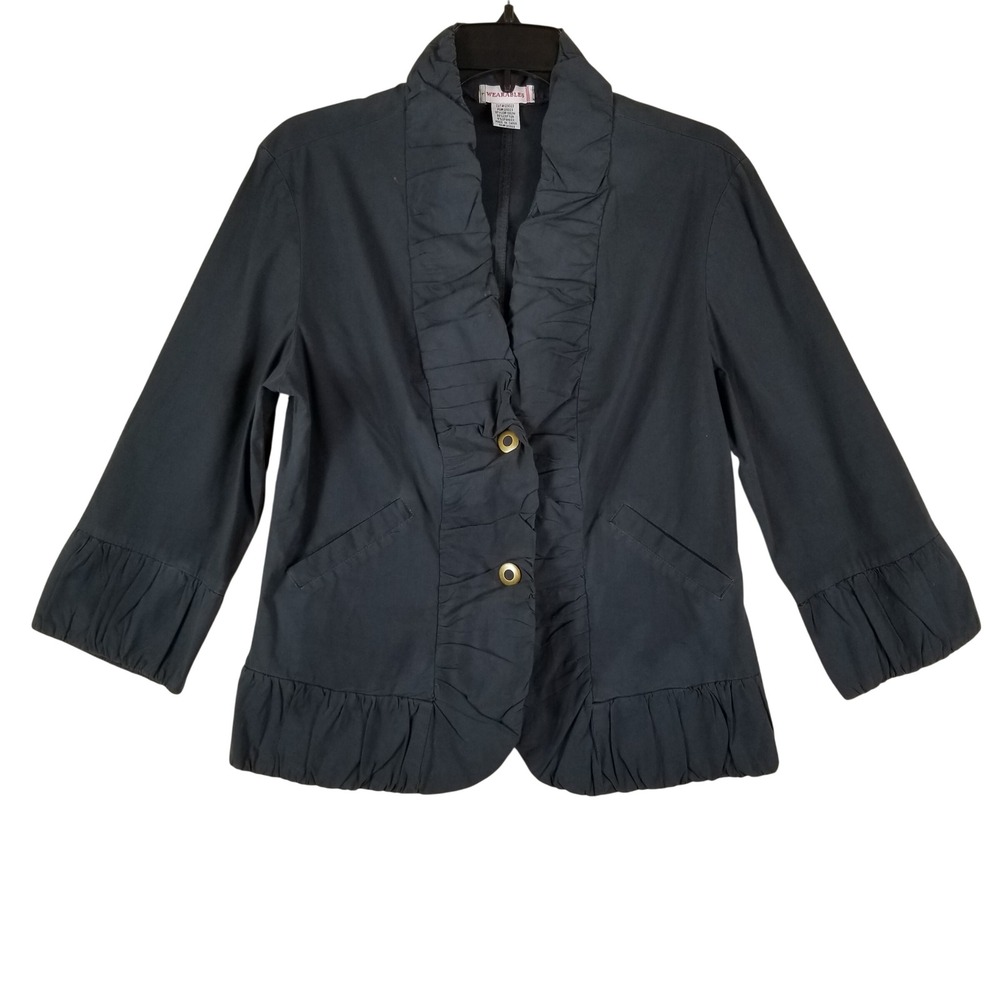 Wearables Blazer Women Large Navy Blue Ruffle Trim 3/4 Sleeve Cotton